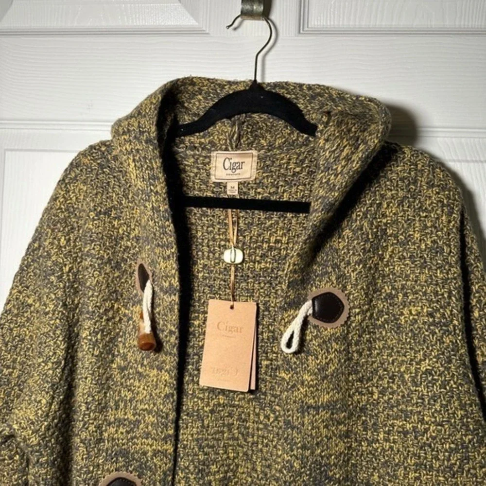 Mens Hooded Toggle Cardigan‎ Sweater M Yellow Brown Wool Blend Duffle Knit